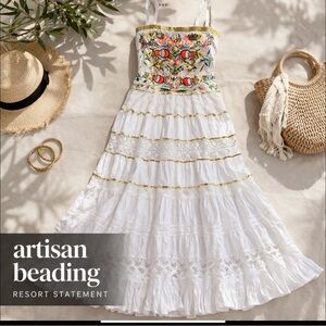 Boston Proper Embroidered Beaded Maxi Dress Boho Resort Tiered White Cotton